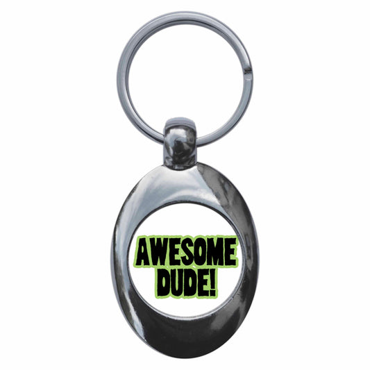 A picture of the front of the product, titled Awesome Dude Metal Keyring With Trolley Coin