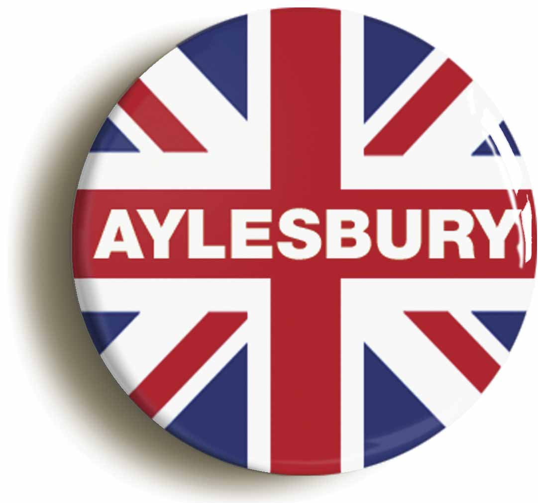A picture of the front of the product, titled Aylesbury Union Jack Circular 50mm Fridge Magnet