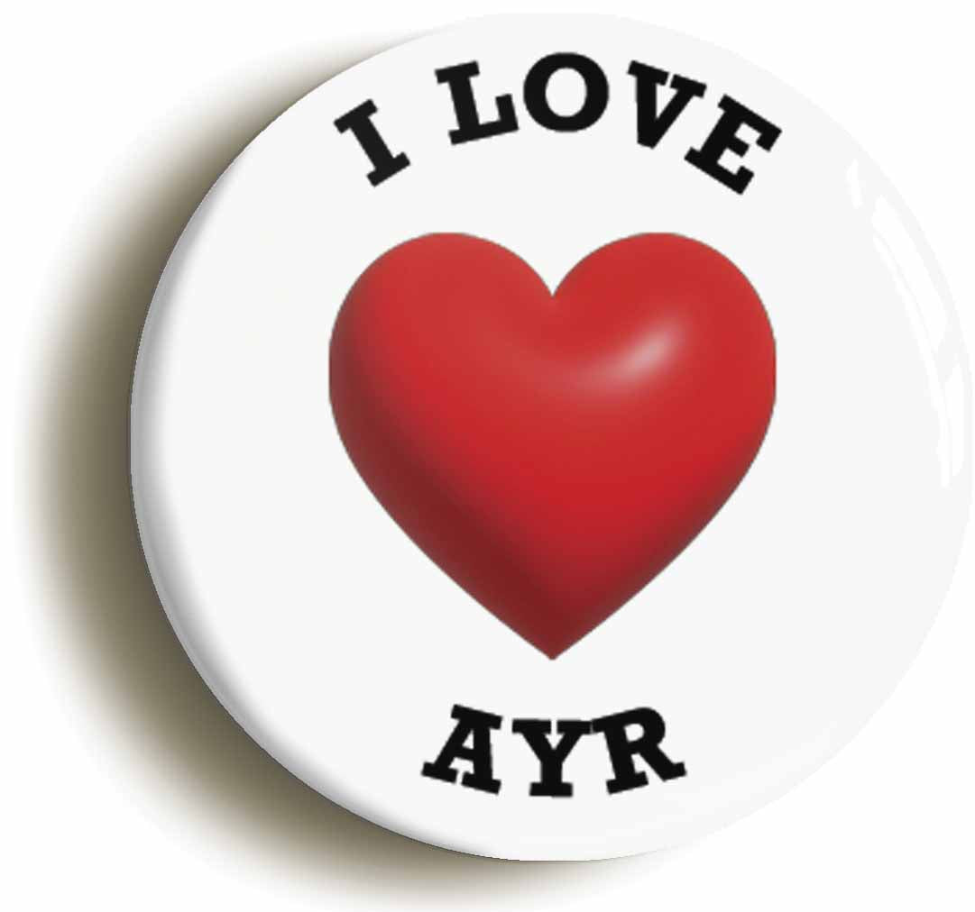 A picture of the front of the product, titled I Heart Love Ayr Location Circular 50mm Fridge Magnet