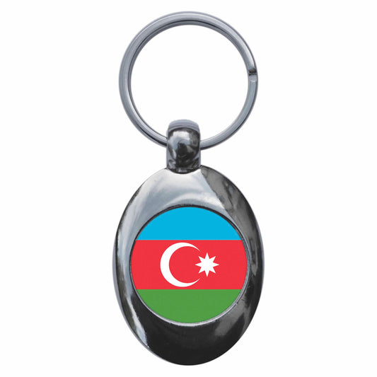 A picture of the front of the product, titled Azerbaijan Azerbaijani Azeri National Flag Metal Keyring With Trolley Coin