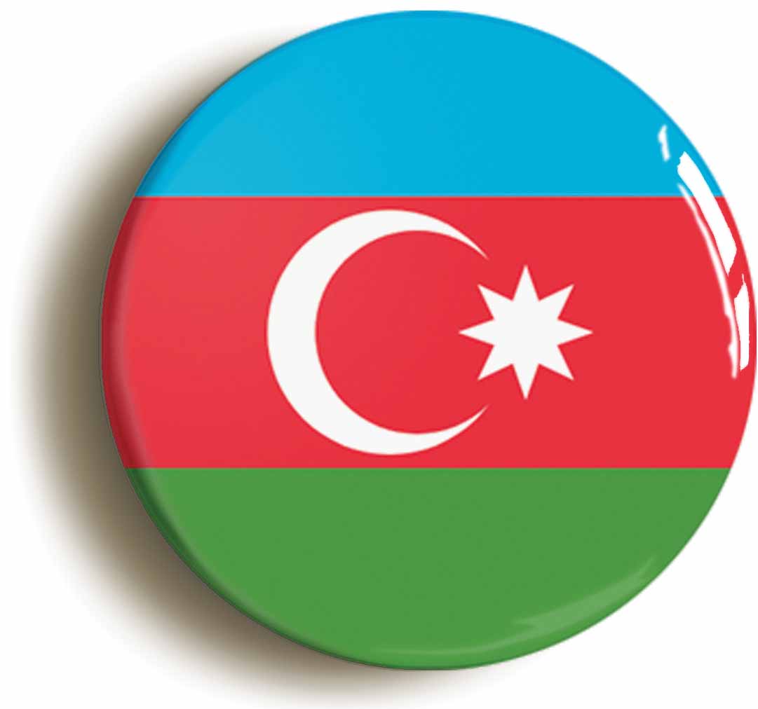 A picture of the front of the product, titled Azerbaijan Azerbaijani Azeri National Flag Circular 50mm Fridge Magnet