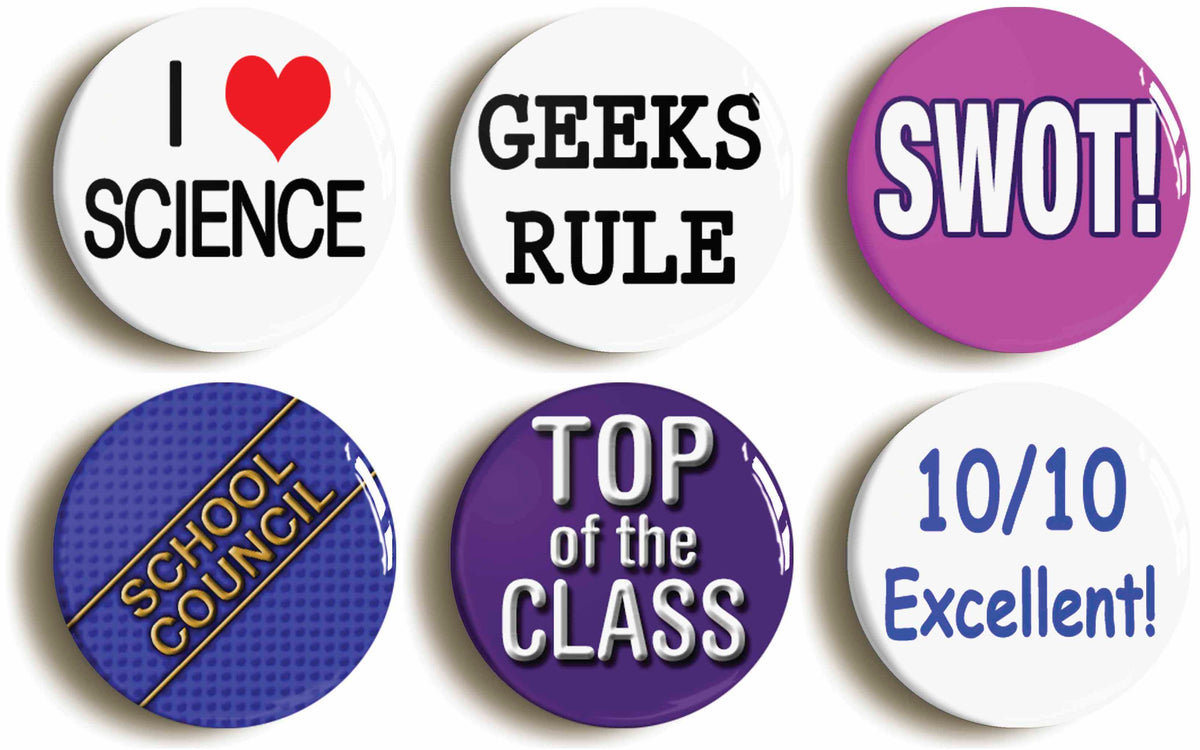 A picture of a set of six badges