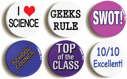 A picture of a set of six badges