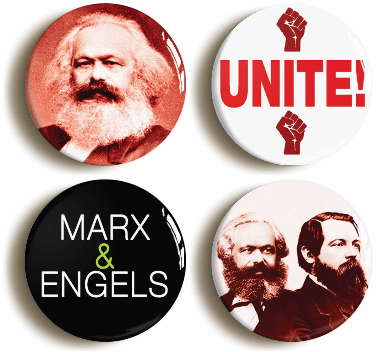 A picture of a set of four badges