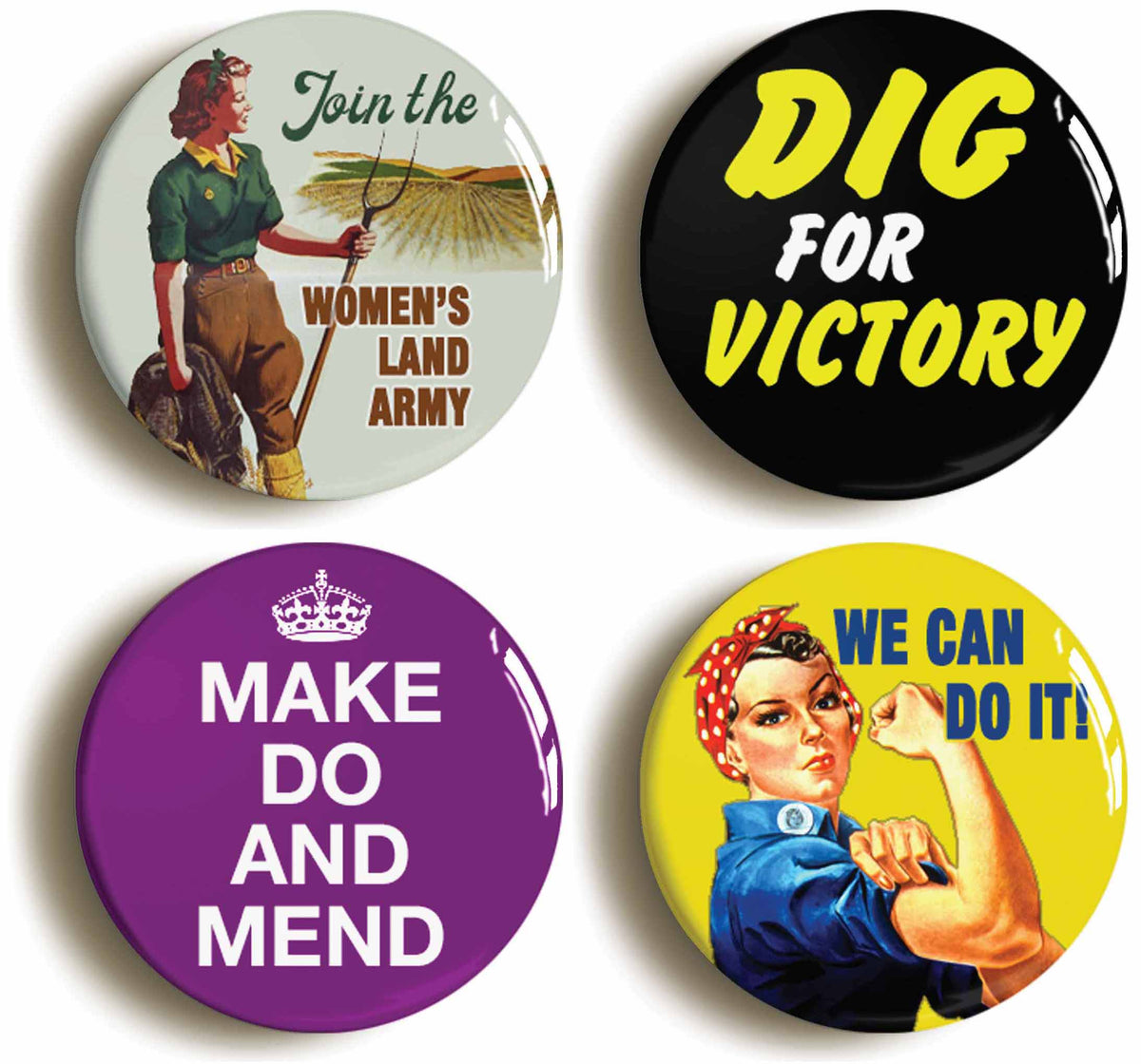 A picture of a set of four badges