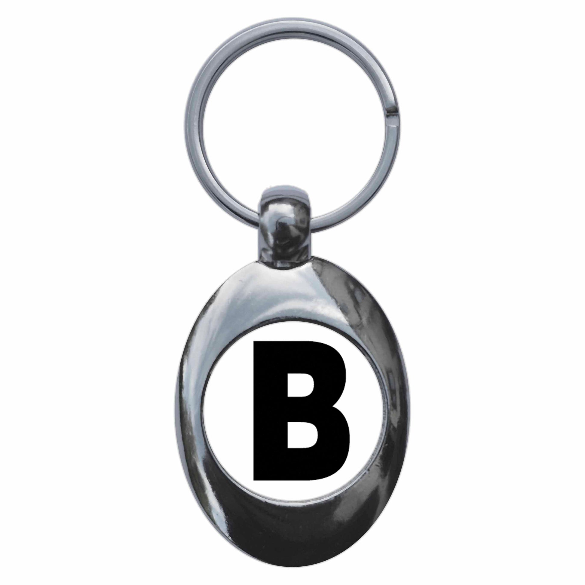 A picture of the front of the product, titled Letter B Metal Keyring With Trolley Coin