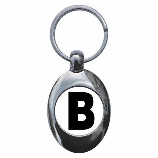 A picture of the front of the product, titled Letter B Metal Keyring With Trolley Coin