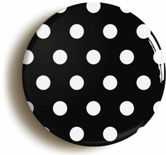 A picture of the front of the product, titled Polka Dot Pattern On Black Button Pin Badge