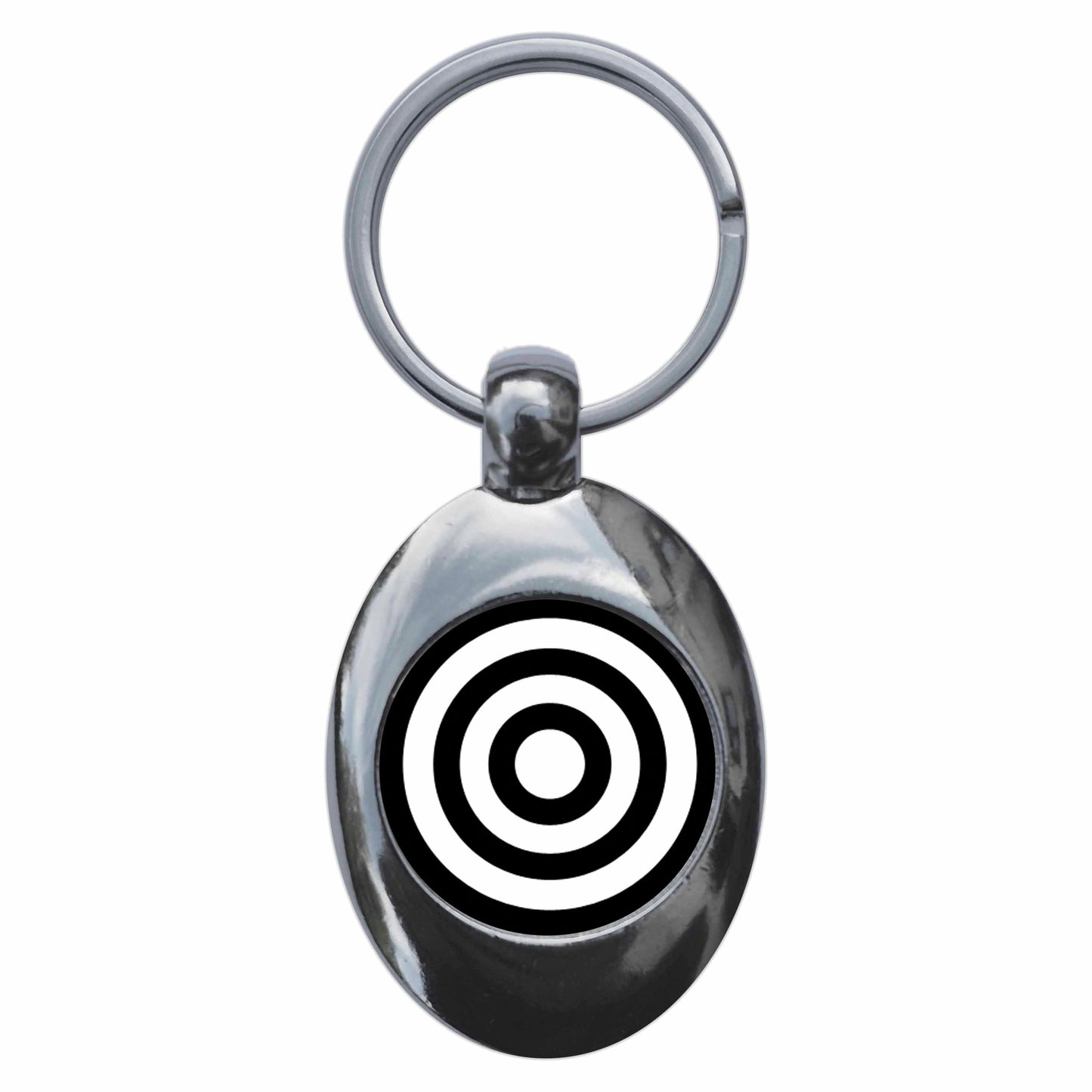 A picture of the front of the product, titled Mod Monochrome Target Logo Metal Keyring With Trolley Coin