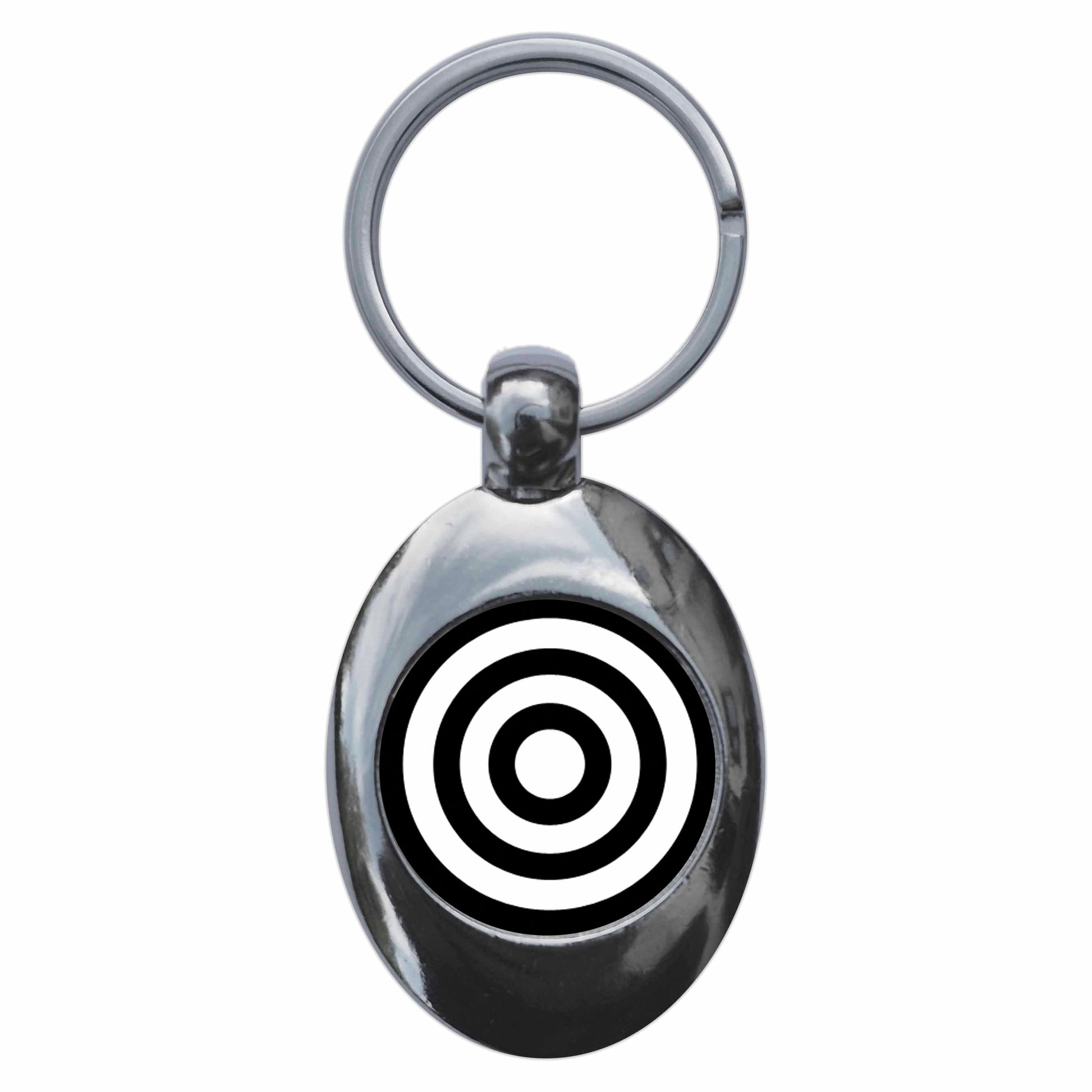 A picture of the front of the product, titled Monochrome Target Mod Metal Keyring With Trolley Coin
