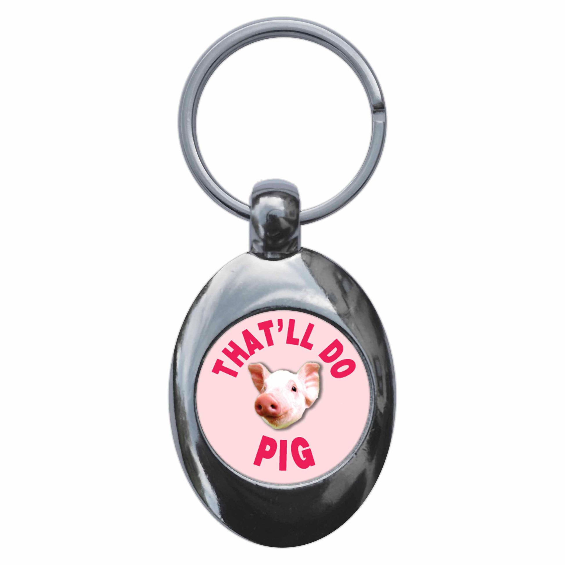 A picture of the front of the product, titled That'll Do Pig Babe Piglet Metal Keyring With Trolley Coin