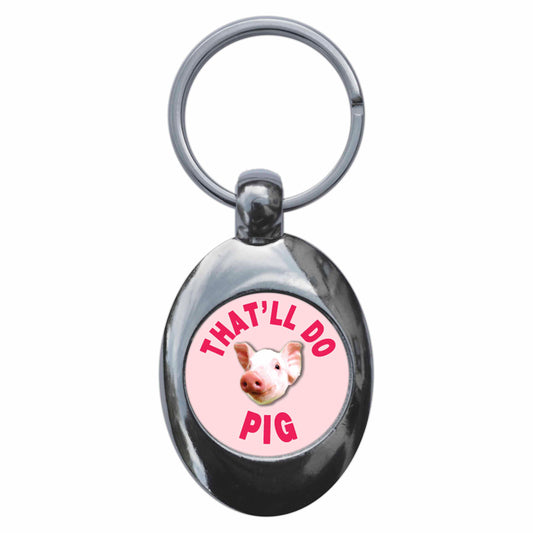 A picture of the front of the product, titled That'll Do Pig Babe Piglet Metal Keyring With Trolley Coin