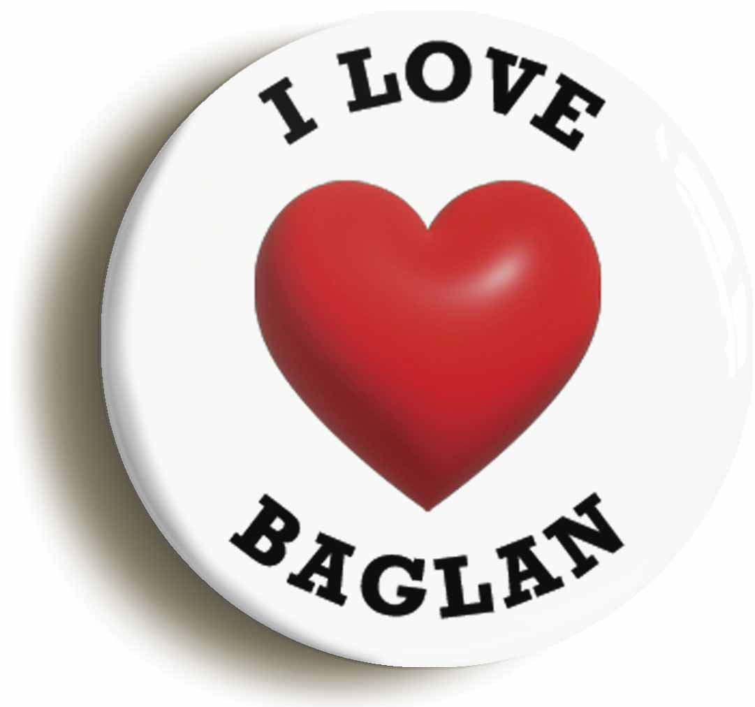 A picture of the front of the product, titled I Heart Love Baglan Location Circular 50mm Fridge Magnet