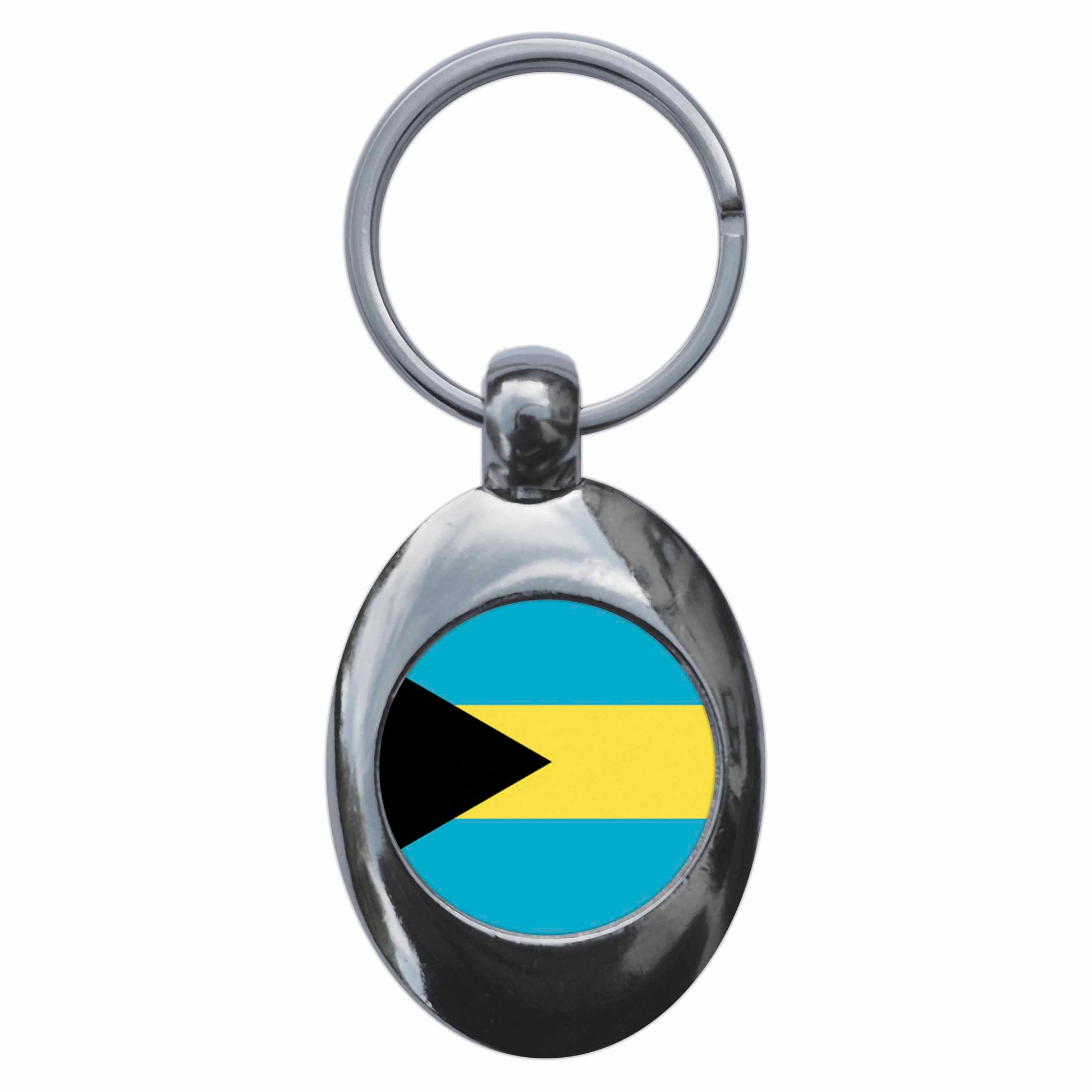 A picture of the front of the product, titled Bahamas Bahamian National Flag Metal Keyring With Trolley Coin