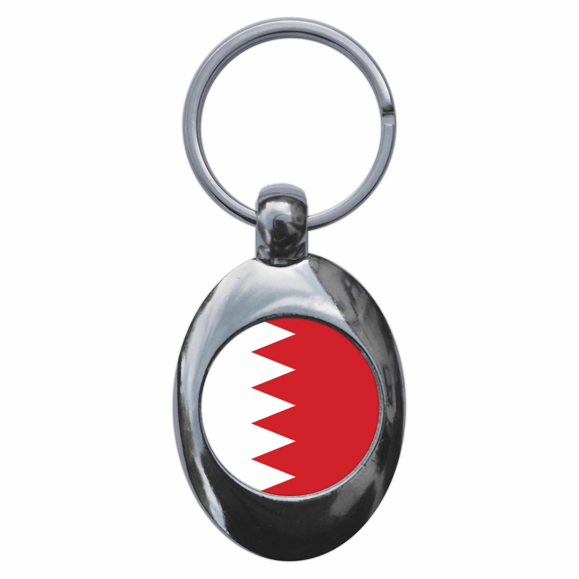 A picture of the front of the product, titled Bahrain Barhaini National Flag Metal Keyring With Trolley Coin