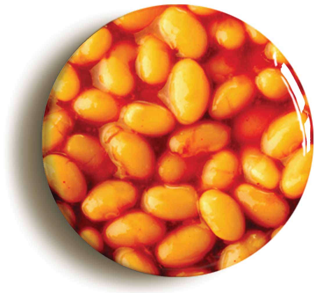 A picture of the front of the product, titled Baked Beans Button Pin Badge