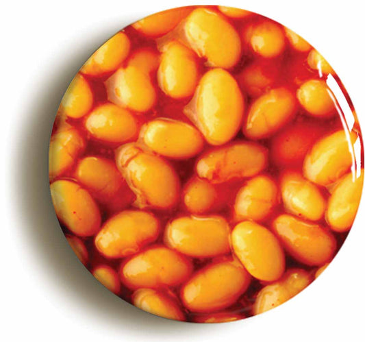 A picture of the front of the product, titled Baked Beans Circular 50mm Fridge Magnet