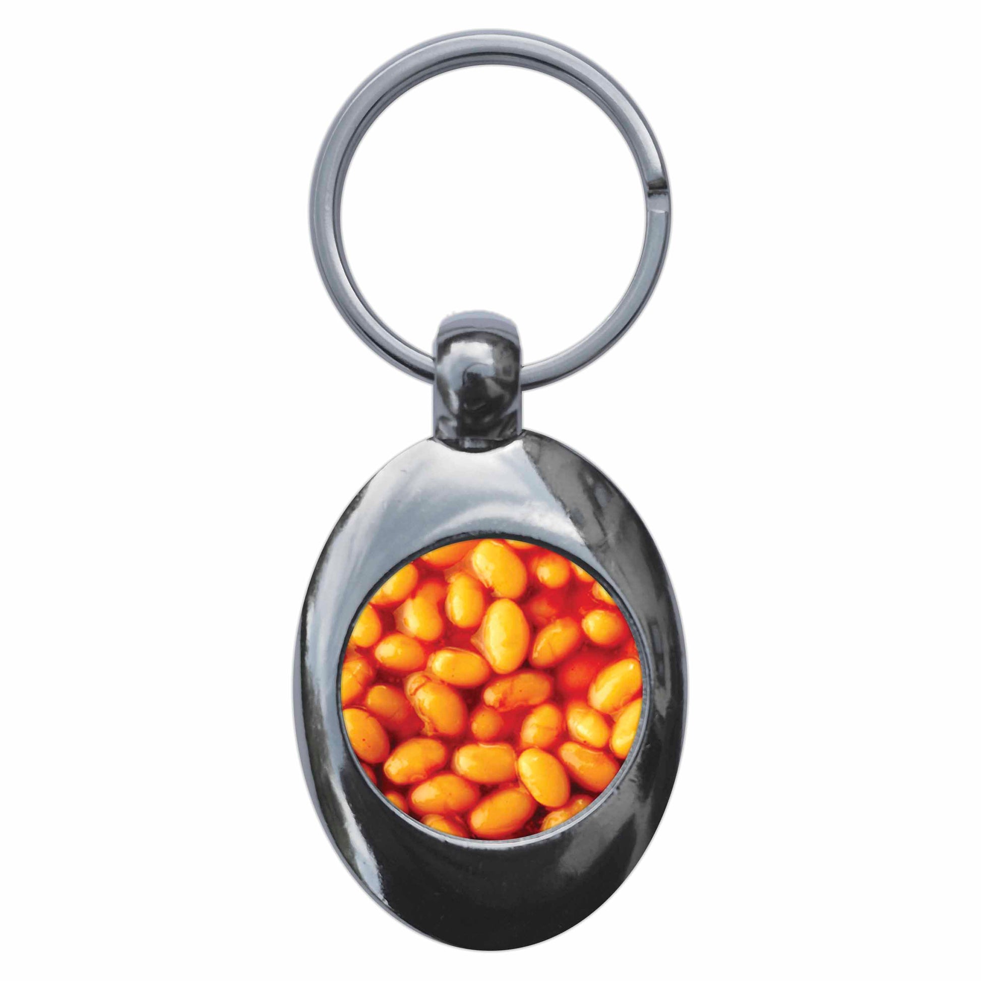 A picture of the front of the product, titled Baked Beans Metal Keyring With Trolley Coin