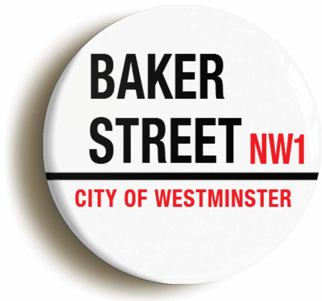 A picture of the front of the product, titled Baker Street Road Sign Sherlock Holmes 221B Circular 50mm Fridge Magnet