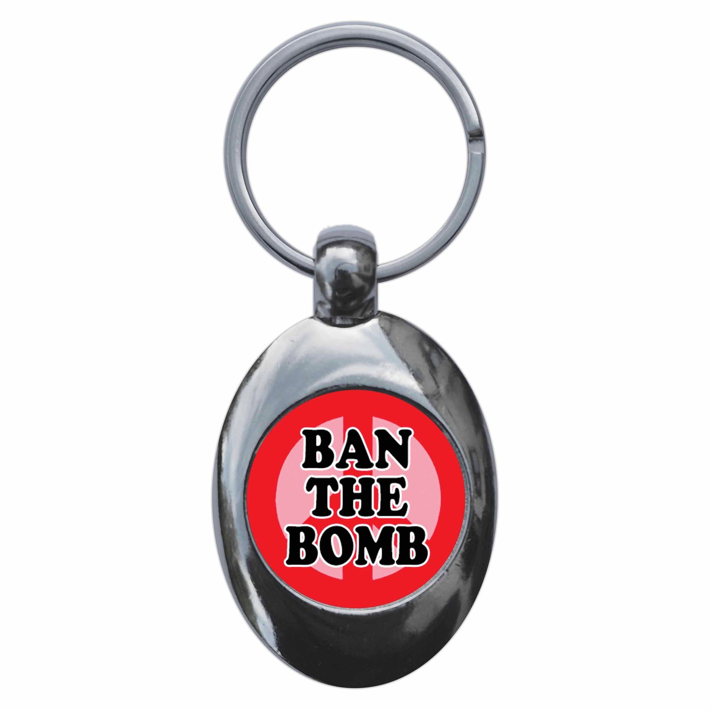 A picture of the front of the product, titled Ban The Bomb Metal Keyring With Trolley Coin