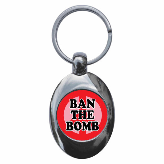 A picture of the front of the product, titled Ban The Bomb Metal Keyring With Trolley Coin