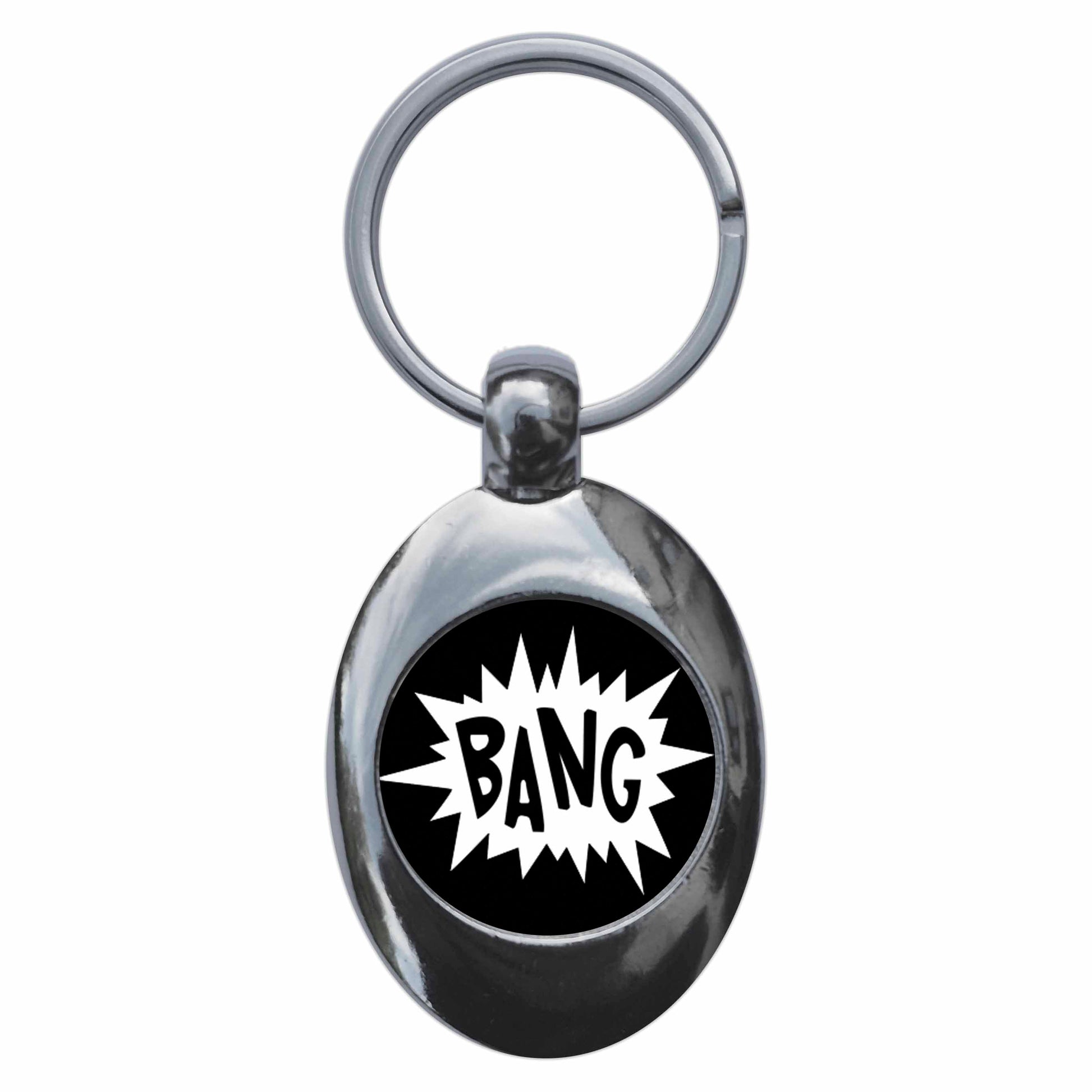 A picture of the front of the product, titled Bang! Comic Metal Keyring With Trolley Coin