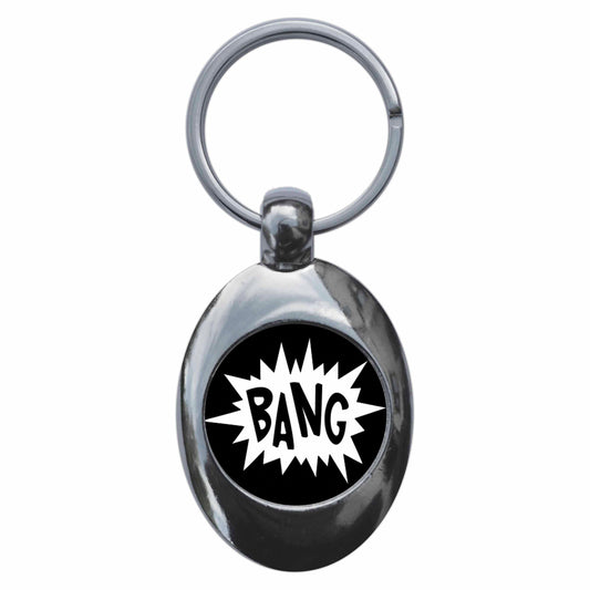 A picture of the front of the product, titled Bang! Comic Metal Keyring With Trolley Coin