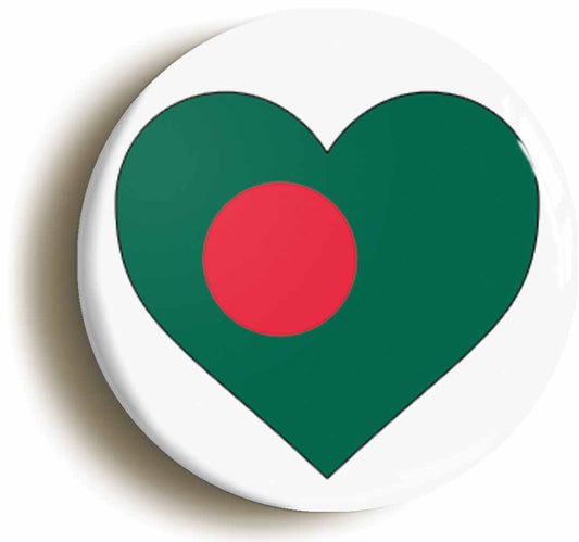 A picture of the front of the product, titled Bangladesh Bangladeshi National Flag Heart Button Pin Badge
