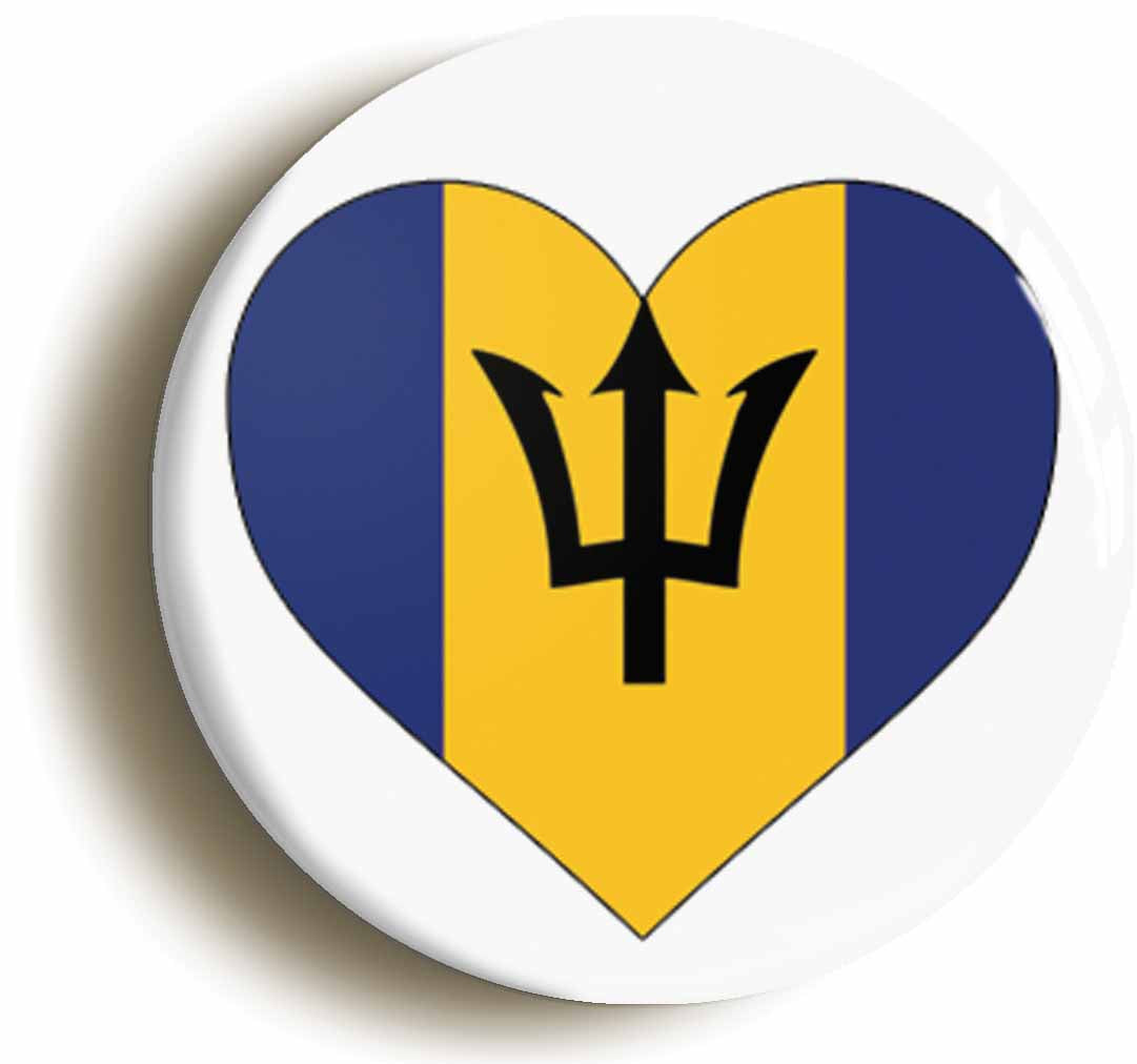 A picture of the front of the product, titled Barbados Barbadian National Flag Heart Button Pin Badge