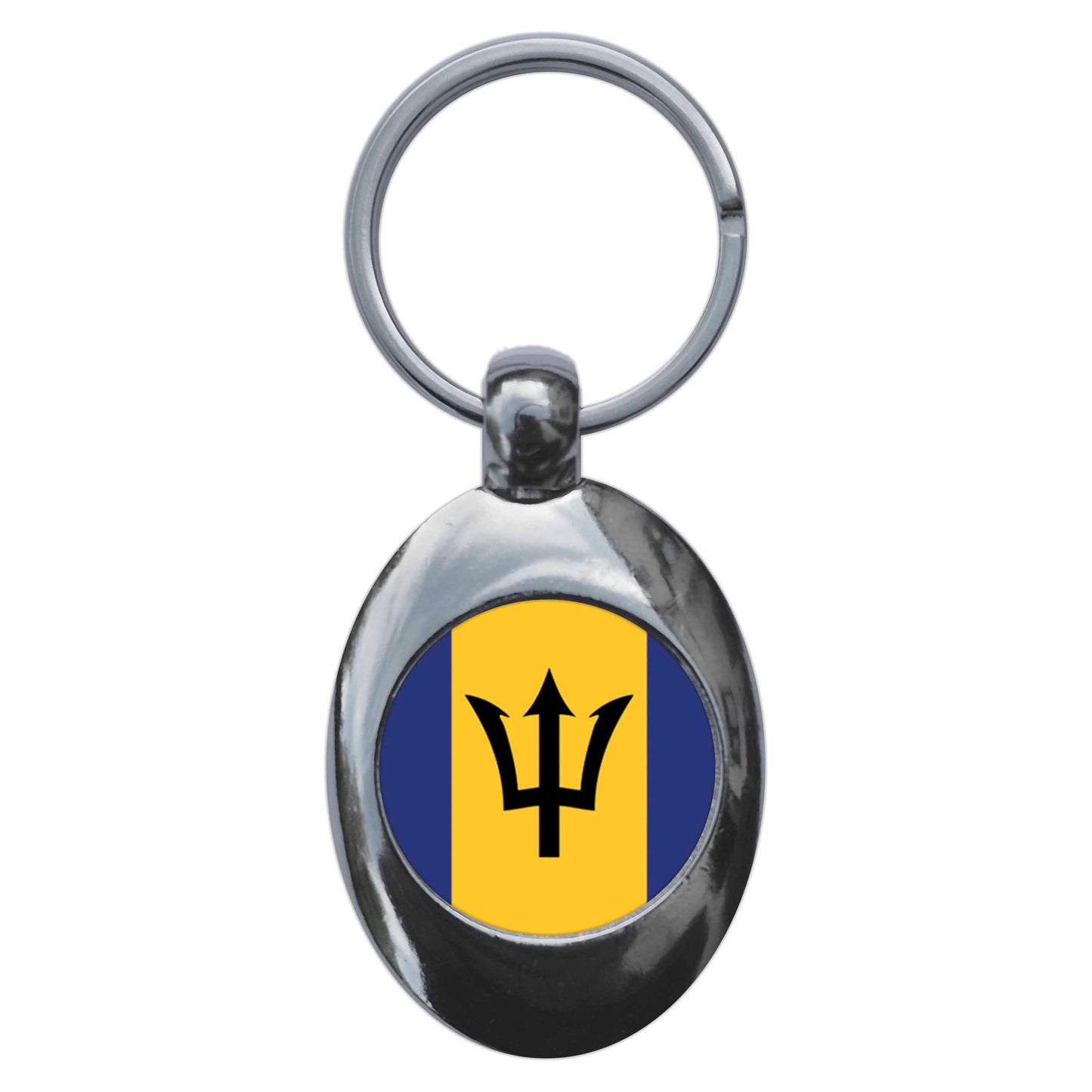 A picture of the front of the product, titled Barbados Barbadian National Flag Metal Keyring With Trolley Coin