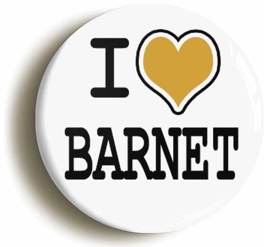 A picture of the front of the product, titled I Heart Love Barnet Button Pin Badge