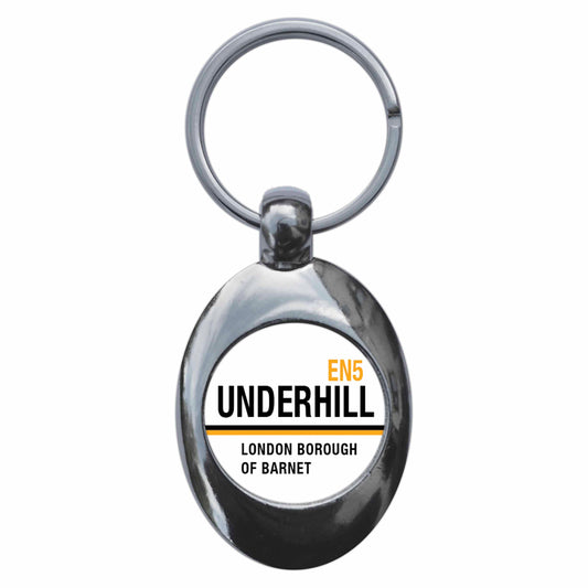 A picture of the front of the product, titled Underhill EN5 Barnet Road Sign Metal Keyring With Trolley Coin