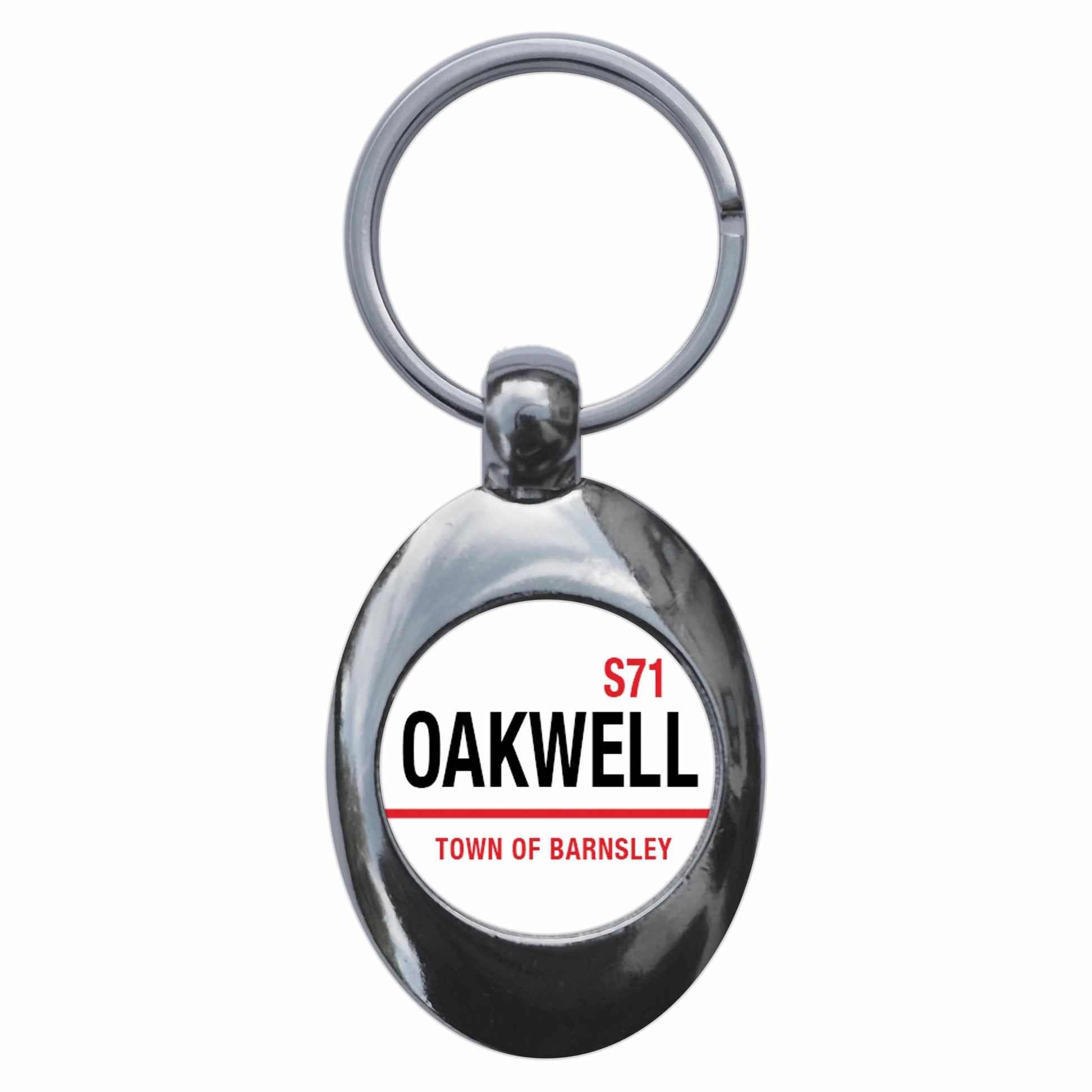 A picture of the front of the product, titled Oakwell Town Of Barnsley S71 Road Sign Metal Keyring With Trolley Coin