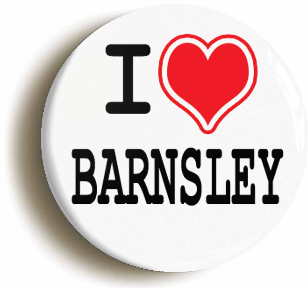 A picture of the front of the product, titled I Heart Love Barnsley Circular 50mm Fridge Magnet