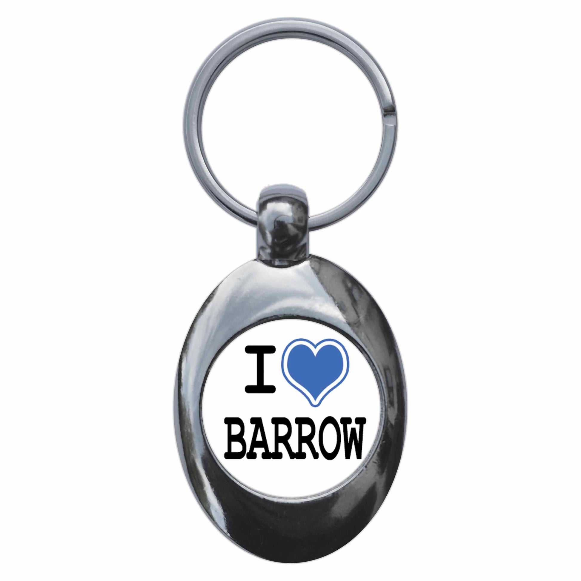 A picture of the front of the product, titled I Heart Love Barrow Metal Keyring With Trolley Coin