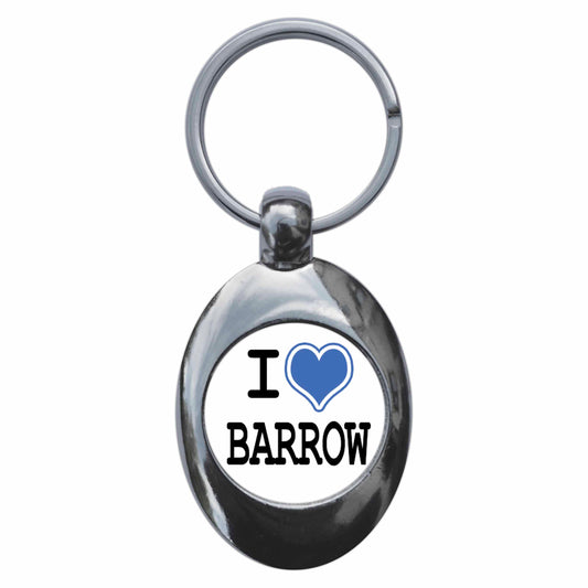A picture of the front of the product, titled I Heart Love Barrow Metal Keyring With Trolley Coin