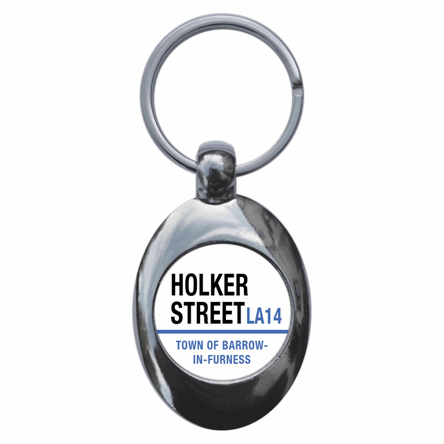 A picture of the front of the product, titled Holker Street LA14 Barrow In Furness Road Sign Metal Keyring With Trolley Coin