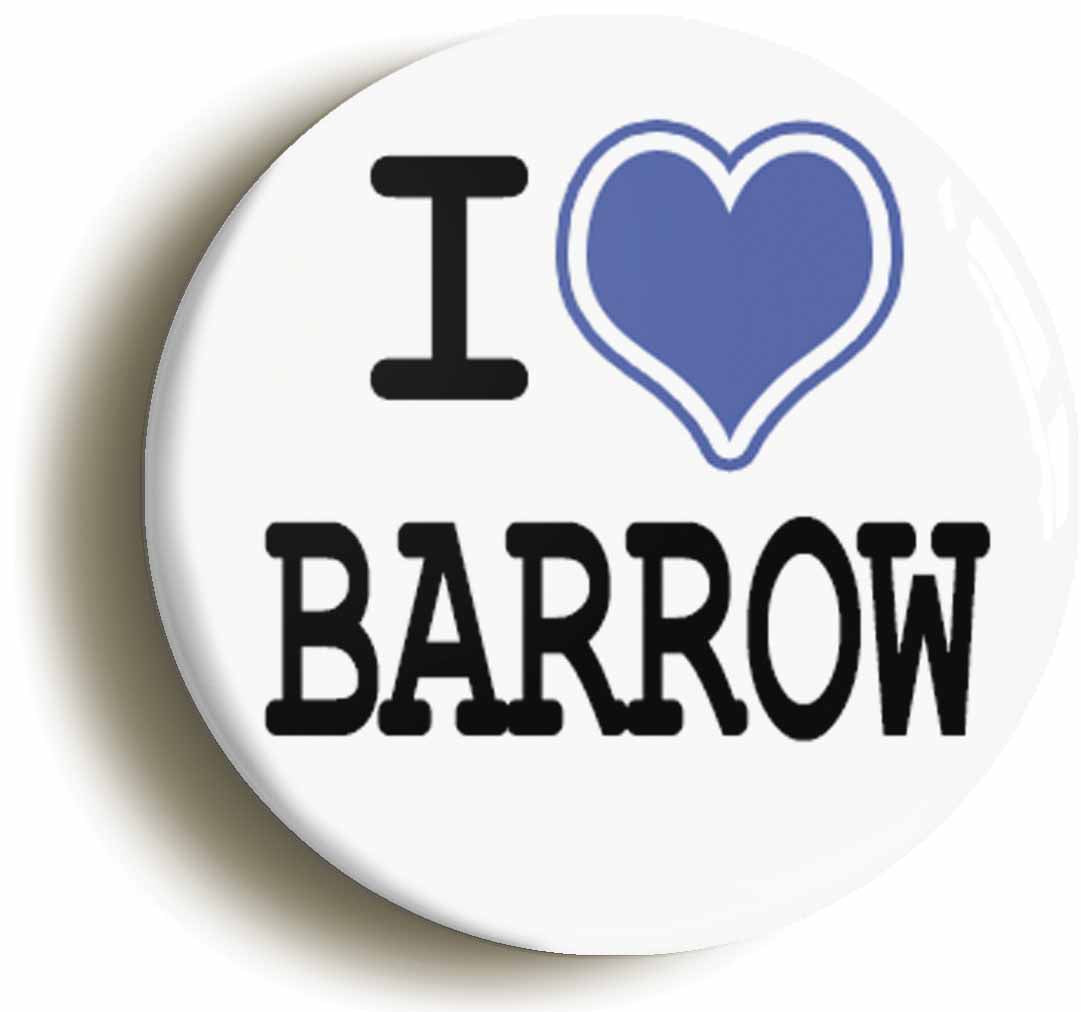 A picture of the front of the product, titled I Heart Love Barrow Button Pin Badge