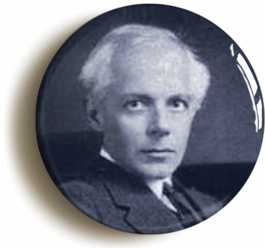 A picture of the front of the product, titled Bela Bartok Classical Music Button Pin Badge