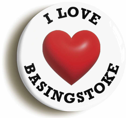 A picture of the front of the product, titled I Heart Love Basingstoke Location Circular 50mm Fridge Magnet