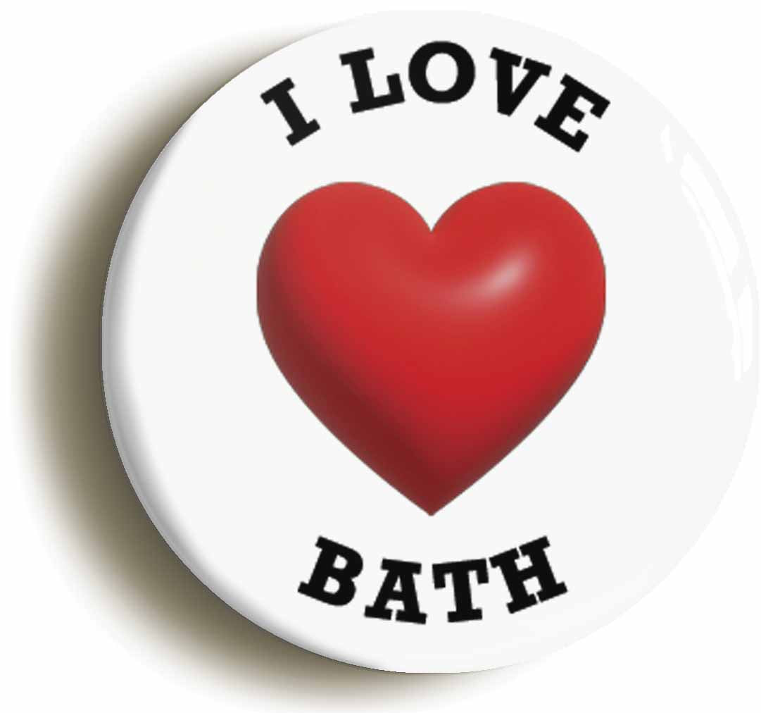 A picture of the front of the product, titled I Heart Love Bath Location Circular 50mm Fridge Magnet