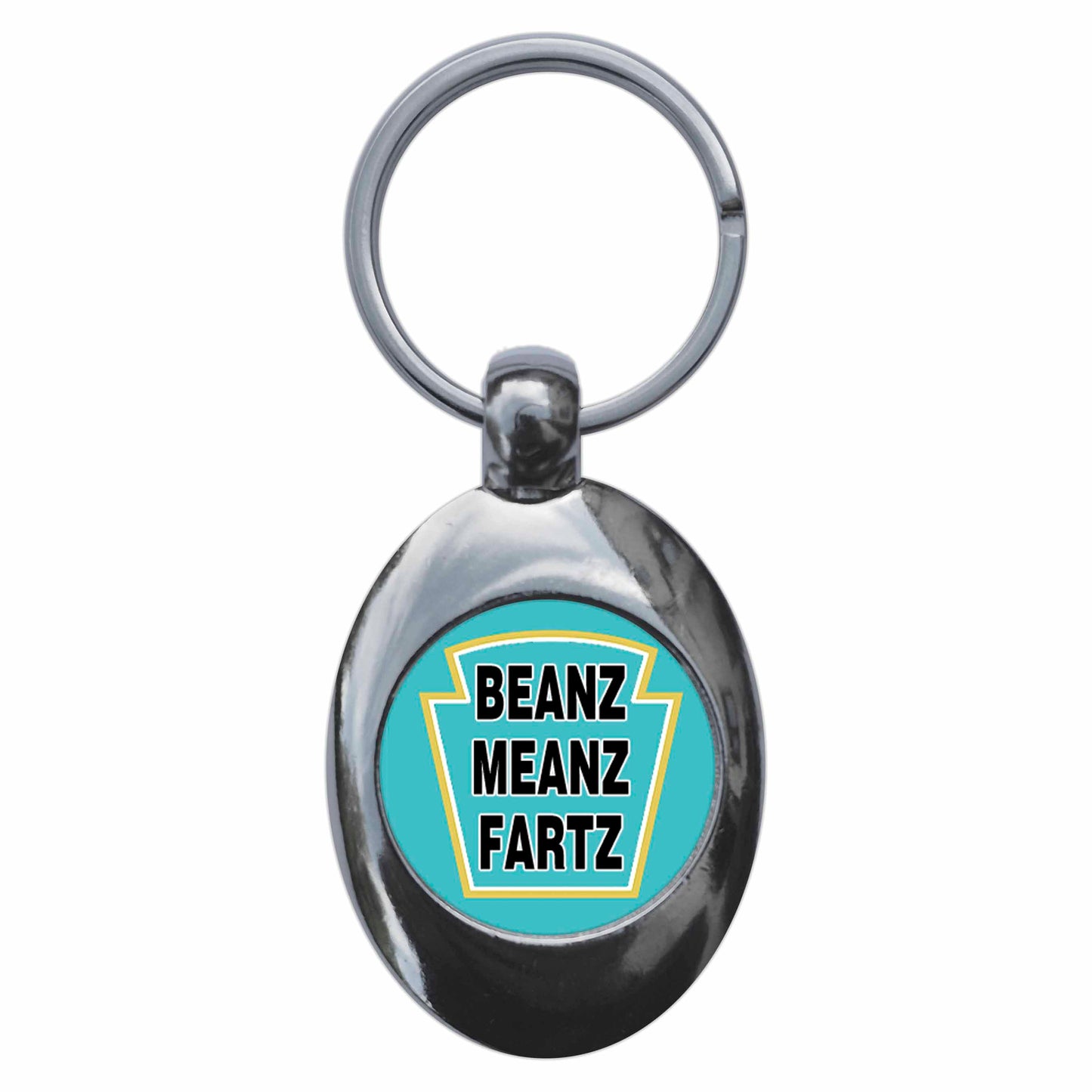 A picture of the front of the product, titled Beanz Meanz Fartz Funny Fart Joke Baked Beans Metal Keyring With Trolley Coin