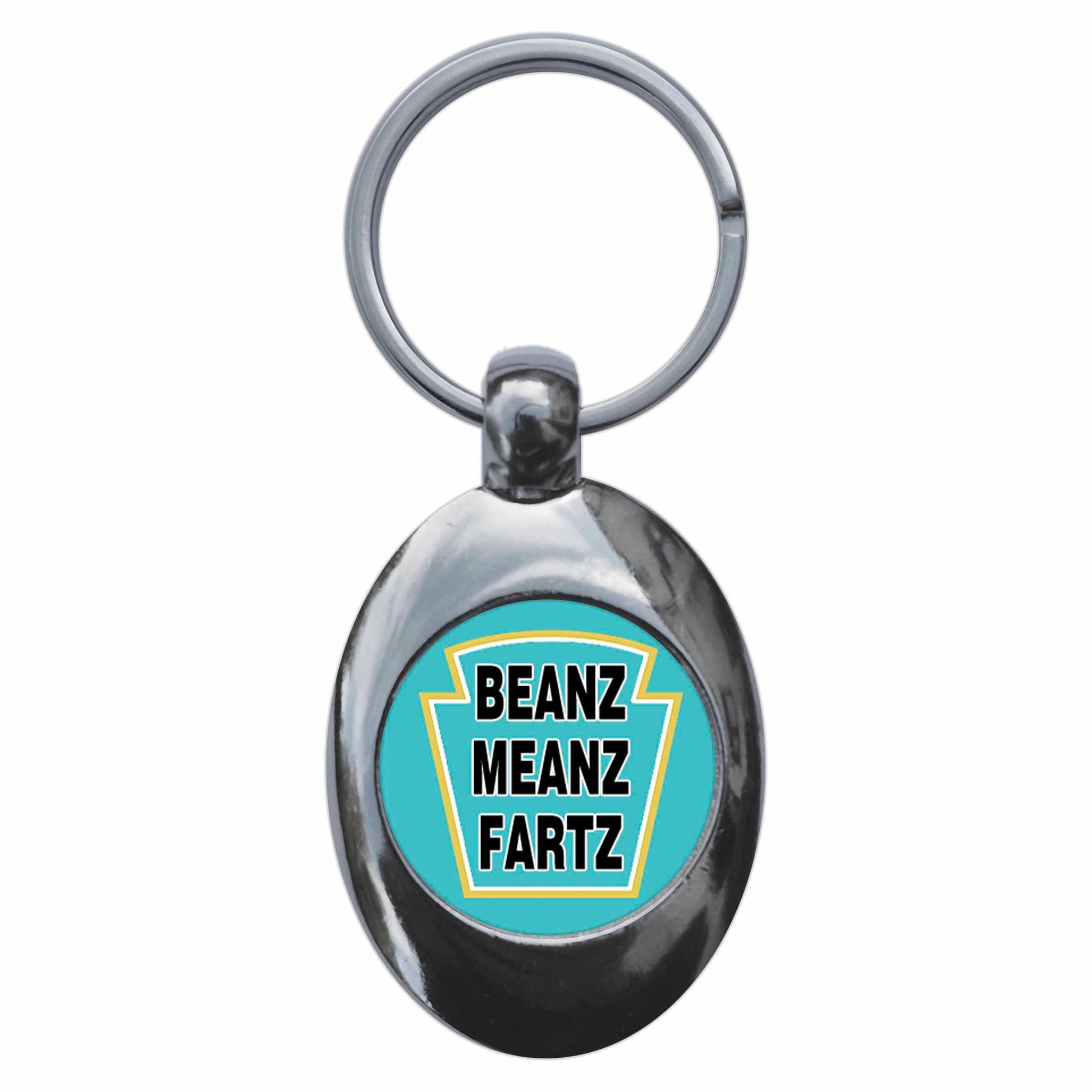 A picture of the front of the product, titled Beanz Meanz Fartz Funny Fart Joke Baked Beans Metal Keyring With Trolley Coin