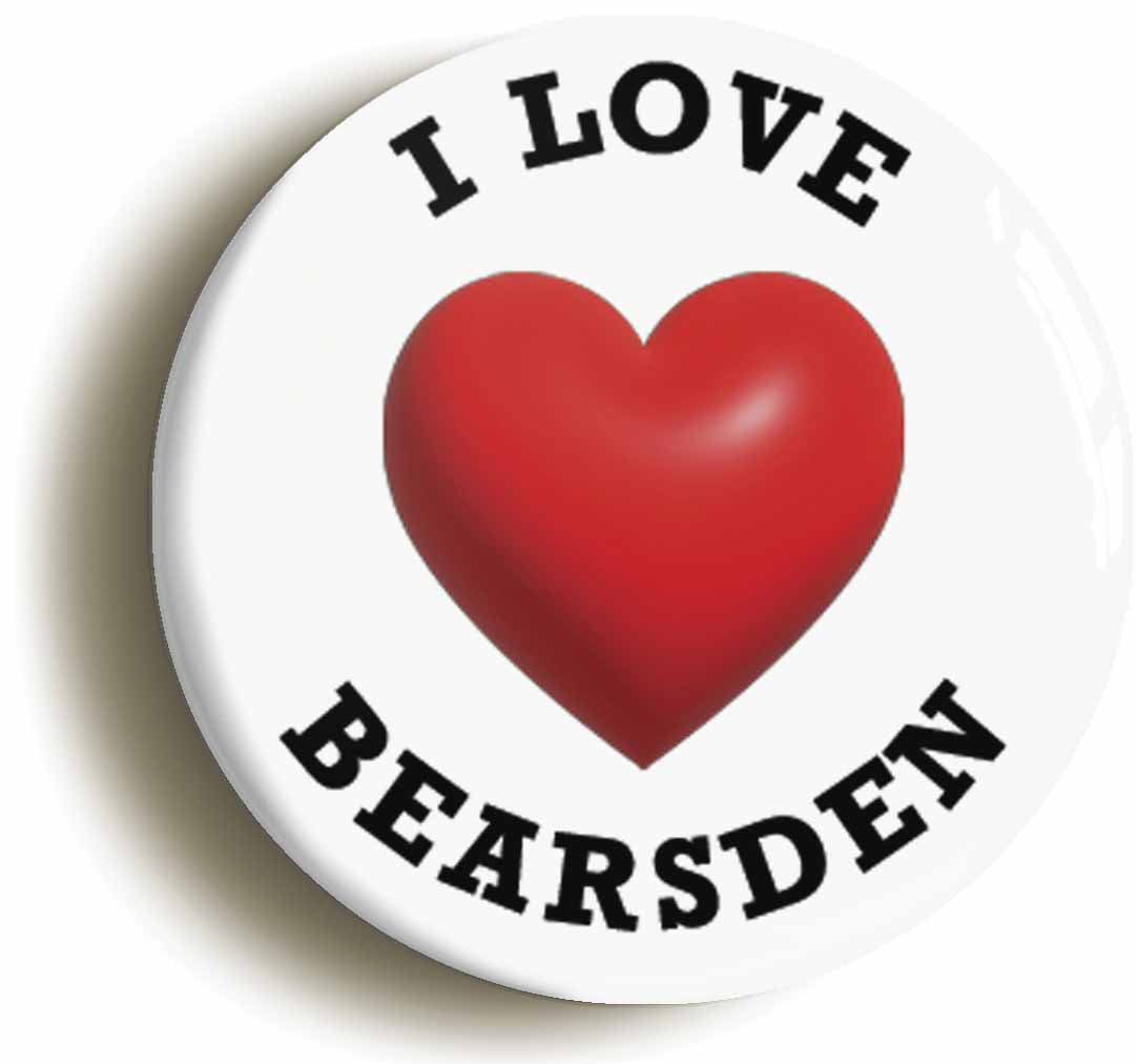 A picture of the front of the product, titled I Heart Love Bearsden Location Button Pin Badge