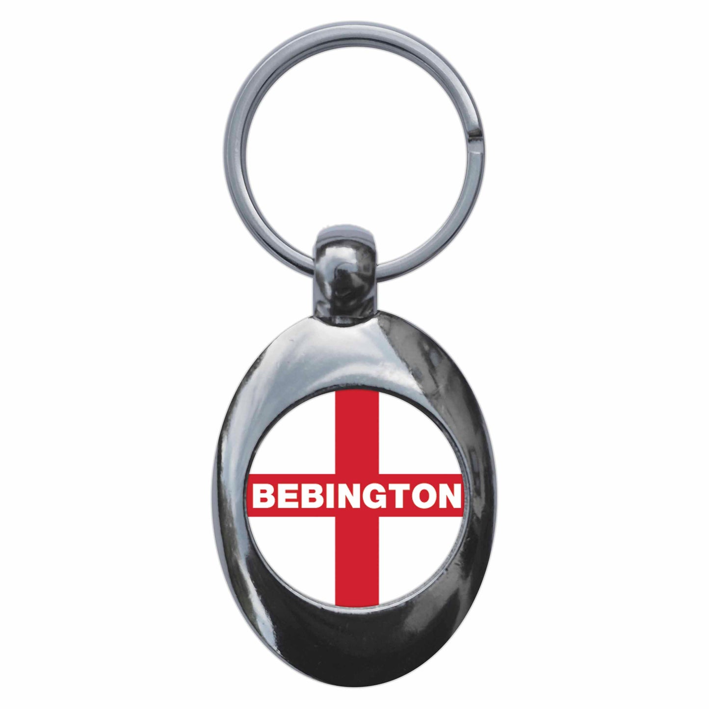 A picture of the front of the product, titled Bebington England Flag Metal Keyring With Trolley Coin