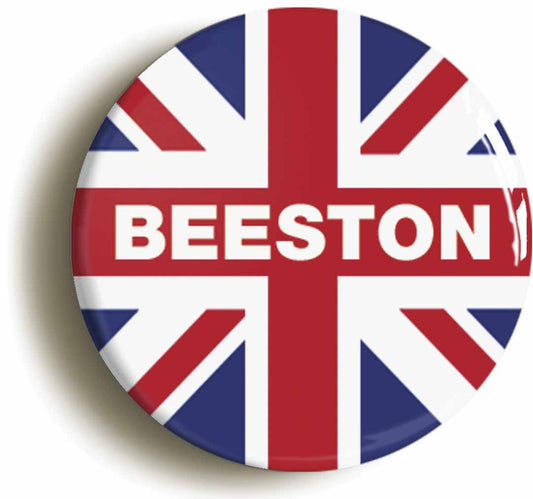 A picture of the front of the product, titled Beeston Union Jack Button Pin Badge