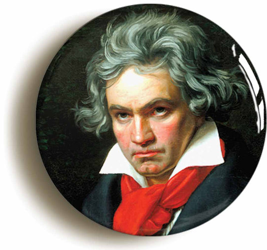 A picture of the front of the product, titled Ludwig Van Beethoven Classical Music Button Pin Badge