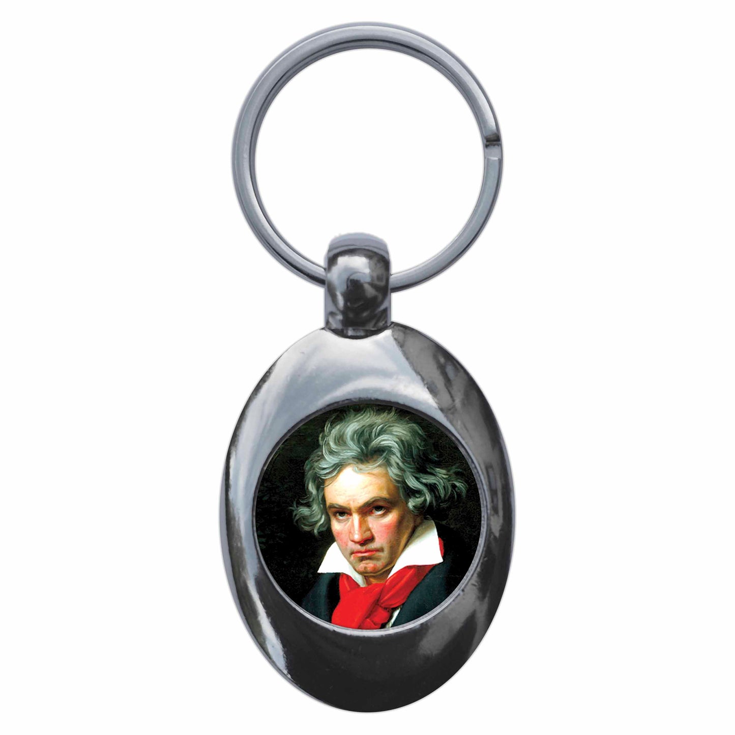 A picture of the front of the product, titled Ludwig Van Beethoven Metal Keyring With Trolley Coin