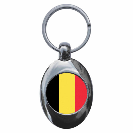 A picture of the front of the product, titled Belgium Belgian National Flag Metal Keyring With Trolley Coin