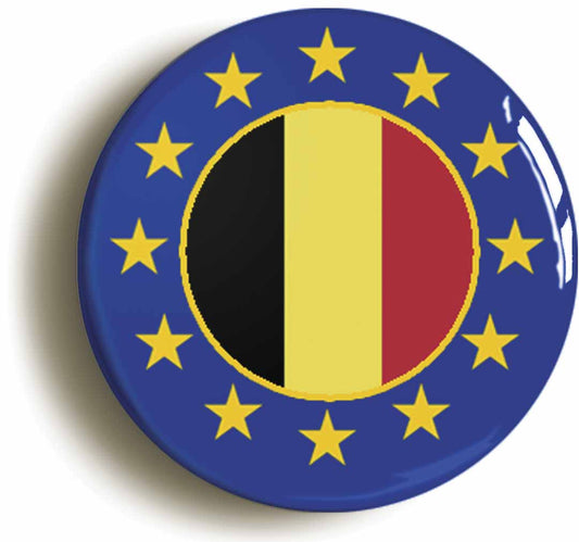 A picture of the front of the product, titled Belgium European Union Split Flag Circular 50mm Fridge Magnet